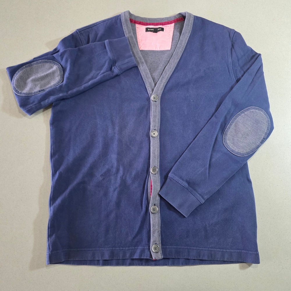 Banana Republic Mens XL Blue Cotton Elbow Patch V-Neck Button Cardigan Sweater